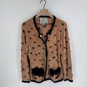 Vintage Chenille Tan Brown Black Cat Panther Applique Cardigan Size S